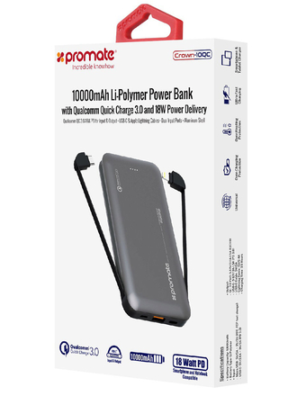 Promate Внешний аккумулятор Promate Crown-10QC 10000mAh Qualcomm QC30, grey