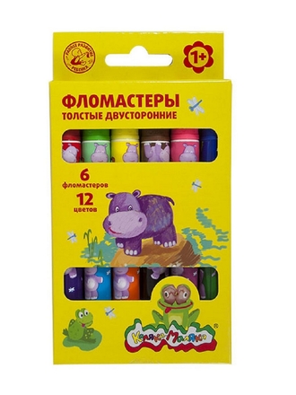 Фломастеры толстые двухсторонние 6 шт. 12 цветов Каляка-Маляка
