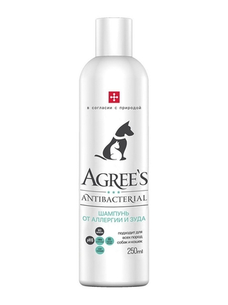 Шампунь Antibacterial, от аллергии и зуда, с хлоргексидином 4% и экстрактами трав Agrees for pets