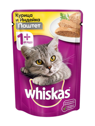 Влажный корм для кошек Whiskas паштет из курицы с индейкой, 85г х 24 шт. Whiskas
