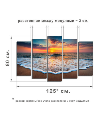 Большая картина на холсте из 5 панелей 80х125 см./Модульная картина/прибой на пляже/пейзаж/море Планета Декора