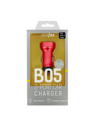 Автомобильное зарядное устройство Dotfes B05T 2xUSB, 3.4A, кабель Type-C, red DOTFES