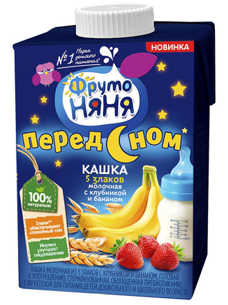 Кашка молочная из пяти злаков с клубникой и бананом, обогащ. пребиотиками (12 шт) ФрутоНяня