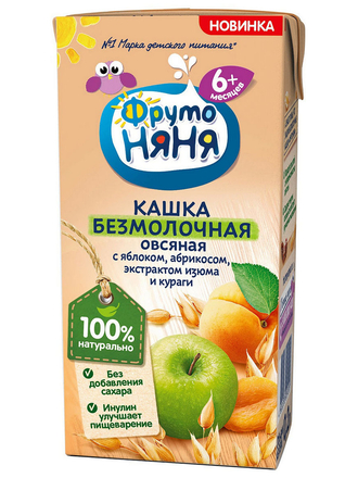 Кашка безмолоч. овсяная с яблоком, абрикосом, экстрактом изюма и кураги, обогащ. пребиотиком (18 шт) ФрутоНяня
