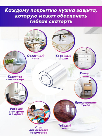Прозрачная силиконовая скатерть на стол(защитная/клеенка/мягкое/гибкое стекло/пленка) 120*80*0,07 см Need For Home