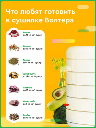 Сушилка ВОЛТЕРА 1000 Люкс с таймером/Дегидратор/приготовление пастилы/сушка для овощей и фруктов ВОЛТЕРА