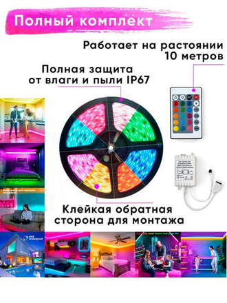 Светодиодная лента LED RGB Цветная / 5 метров с блоком питания и пультом Светодиодная лента Squad