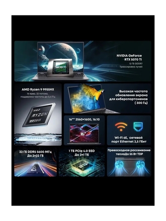 CHUWI Ноутбук Chuwi Gamebook 16' R9 9955HX, 32ГБ+1ТБ, Win11 Pro Игровой ноутбук 16', AMD Ryzen 9 9955HX, RAM 32 ГБ, SSD, NVIDIA GeForce RTX 5070 Ti (12 Гб), Windows Pro, темно-серы